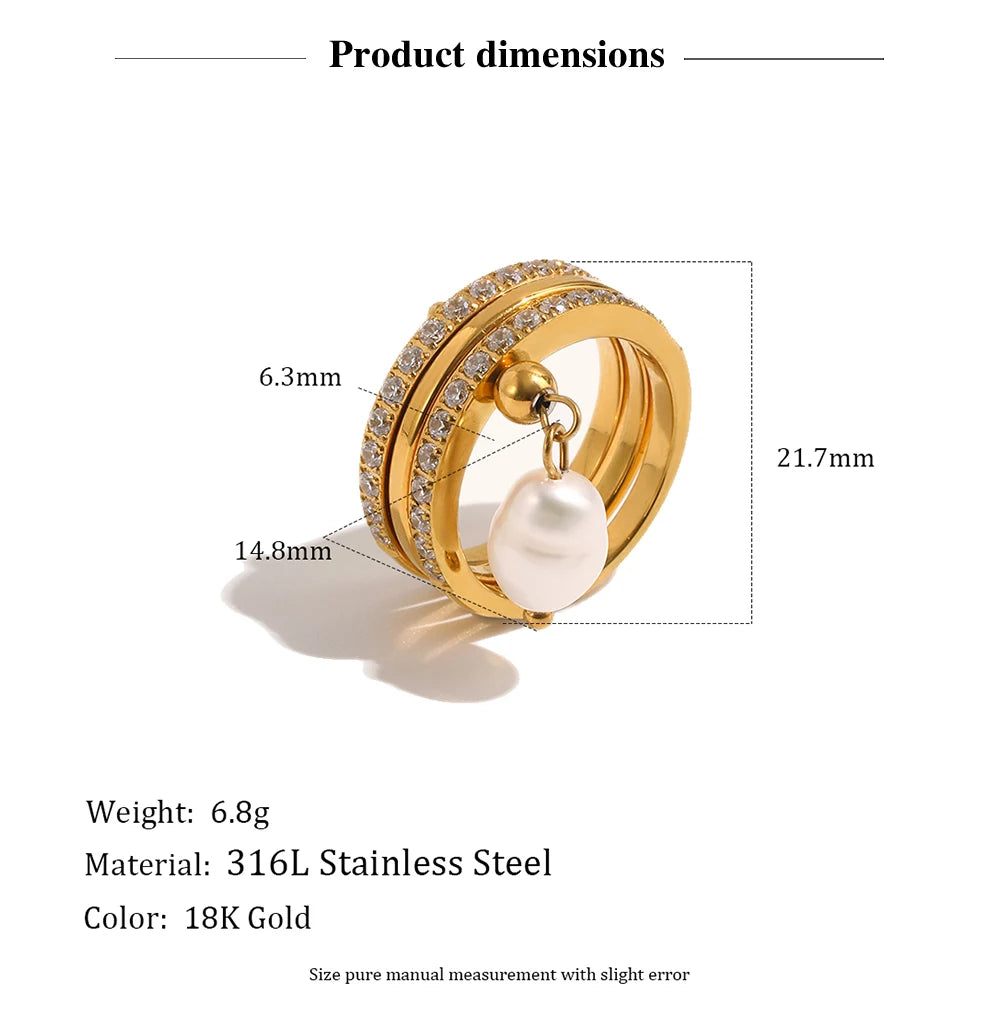 MamacitaSlay 316L Stainless Steel Baroque Pearl Zircon Ring 18K Gold Plated Waterproof Casual Statement Jewelry For Women Gift