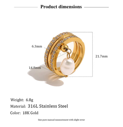 MamacitaSlay 316L Stainless Steel Baroque Pearl Zircon Ring 18K Gold Plated Waterproof Casual Statement Jewelry For Women Gift