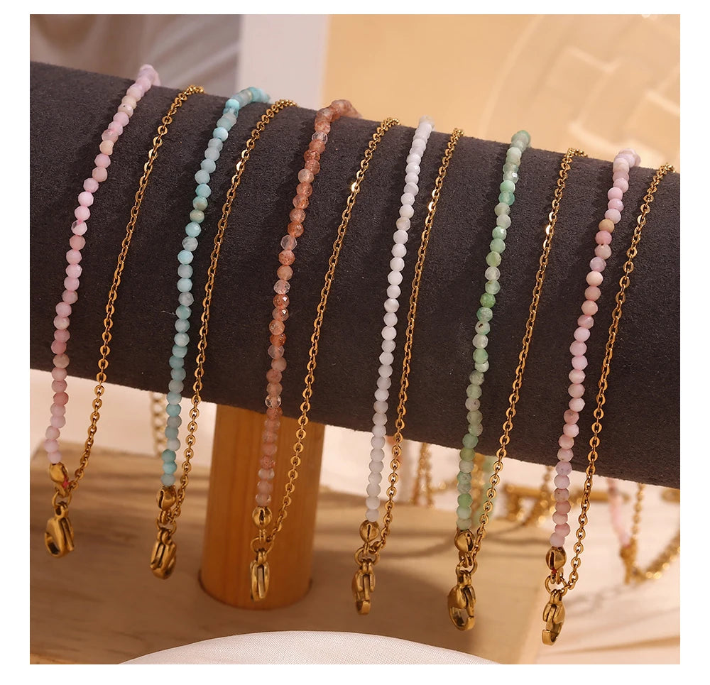 Mamacitaslay 316L Stainless Steel Natural Stone Beaded Thin Chain Bracelet Anklet Waterproof Everyday Jewelry For Women Gift
