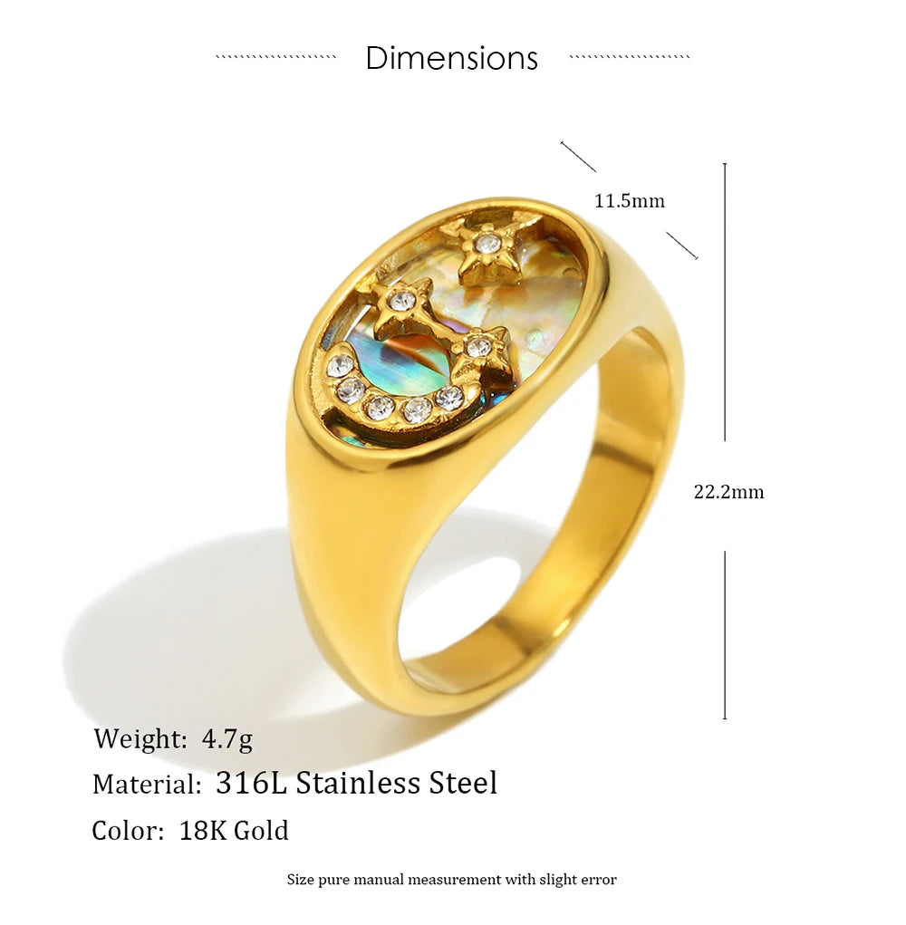 MamacitaSlay 316L Stainless Steel Abalone Shell Star Moon Colorful Ring 18K Gold Plated Waterproof Jewelry Women's Cool Ring