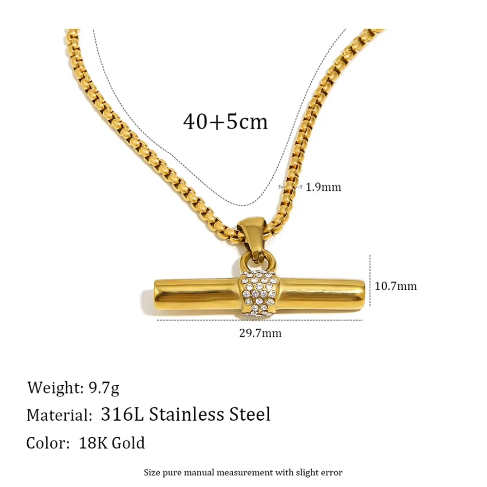 Inner Ziva Bohemian 316L Stainless Steel CZ Pendant T Bar Necklace 18K Gold Plated Waterproof Minimalist Jewelry For Women Men