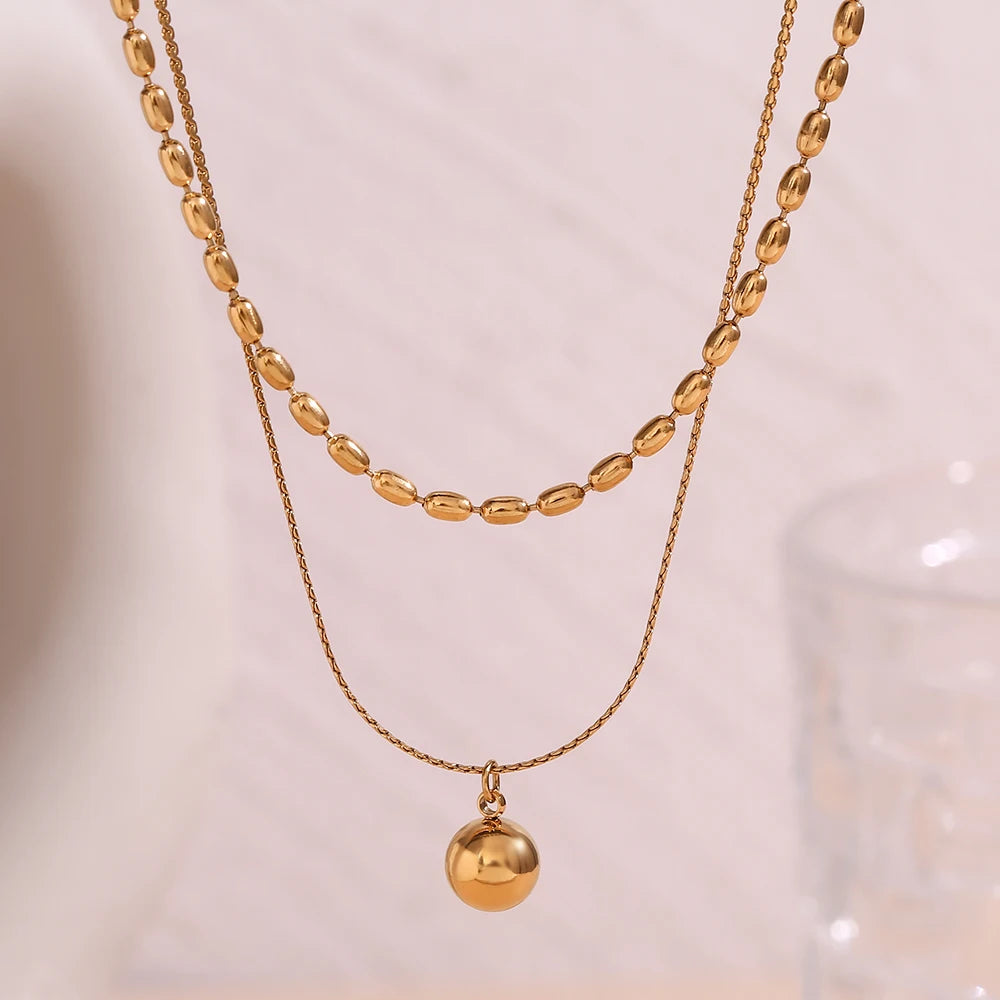 MamacitaSlay Classic Double Bead Chain Round Ball Pendant Waterproof Stainless Steel Jewelry Trend 2024 Necklaces For Women