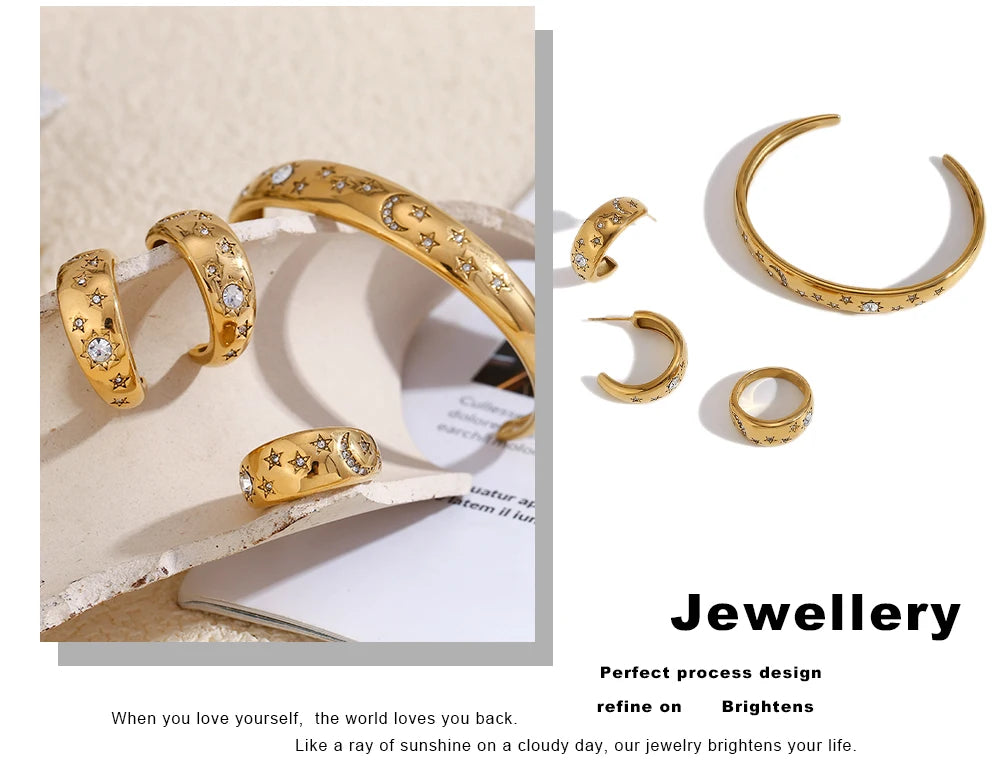 MamacitaSlay Stainless Steel 18K Gold Plated Sun Moon Stars Ring 2025 New Design Waterproof Jewelry Women's Charm Finger Jewelry