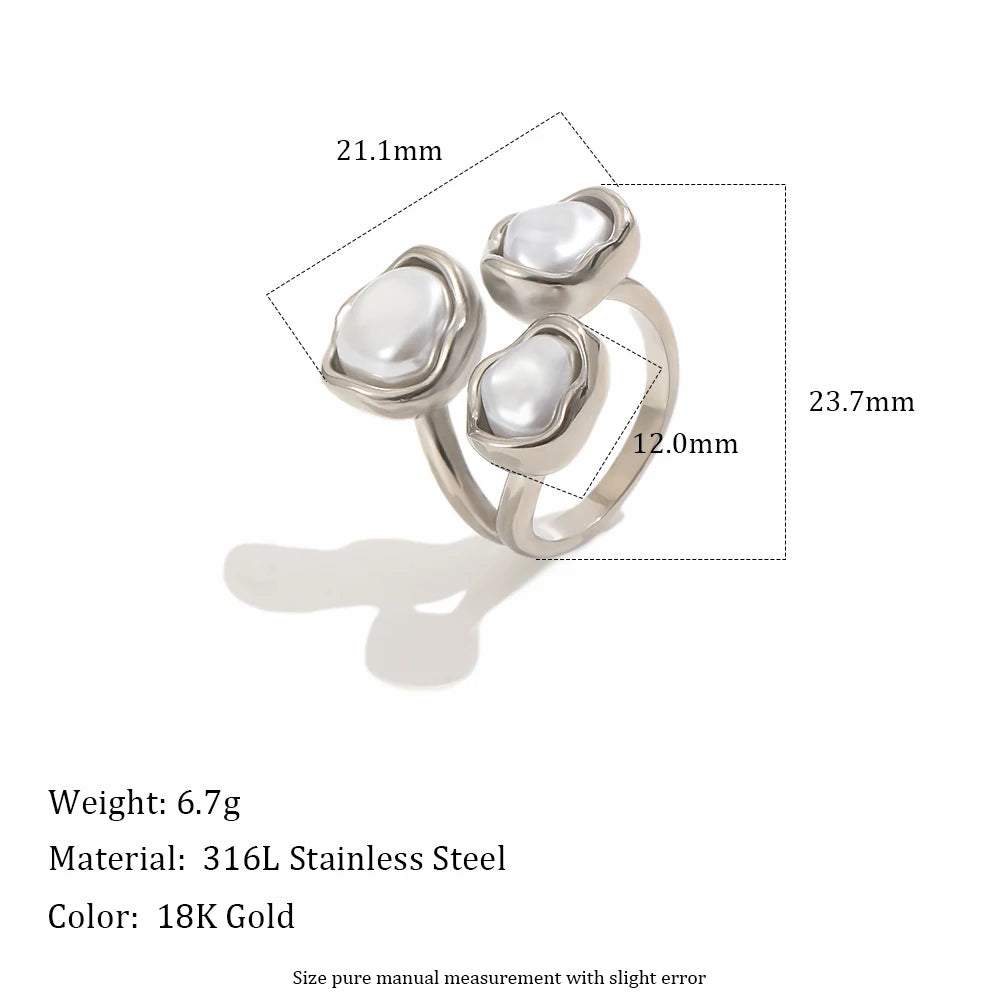 MamacitaSlay 316L Stainless Steel Baroque Pearl Irregular Open Ring 18K Gold Plated Waterproof Jewelry For Women Daily 2026 Gift