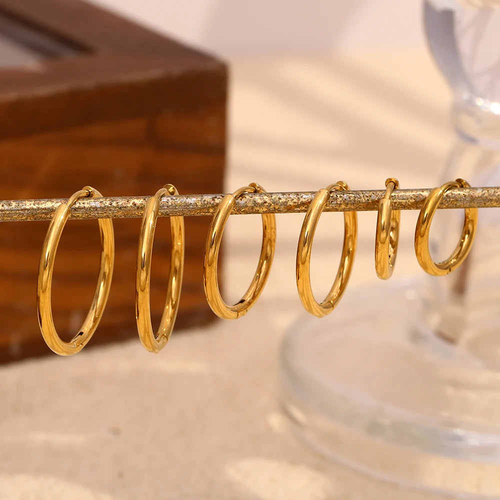 MamacitaSlay New Trend 316L Stainless Steel Jewelry For Women Circle 18K Gold Plated Earrings 6 Size Thin Hoop Earrings Gift