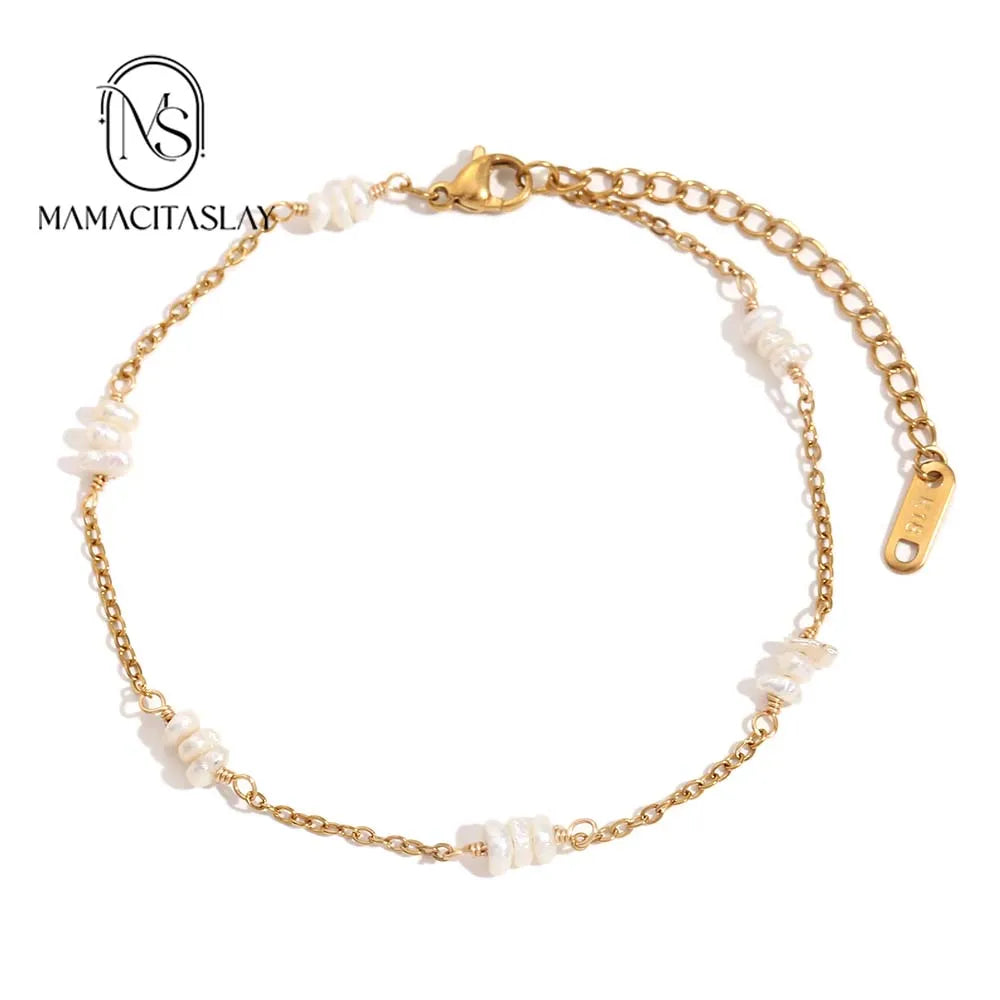 MamacitaSlay Summer Beach Waterproof Irregular Natural Stone Freshwater Pearl Anklets Stainless steel jewelry woman Gift