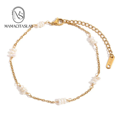 MamacitaSlay Summer Beach Waterproof Irregular Natural Stone Freshwater Pearl Anklets Stainless steel jewelry woman Gift