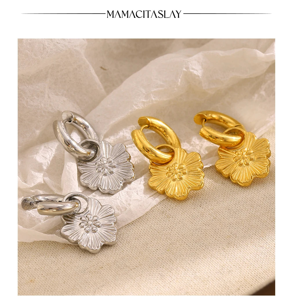 MamacitaSlay 316L Stainless Steel Flower Hoop Earrings 18K Gold Plated Waterproof Jewelry Women's Elegant Statement Earrings