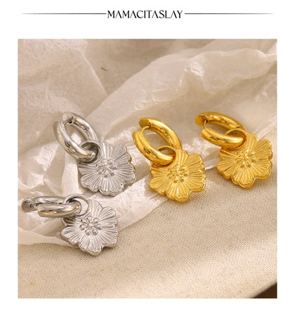 MamacitaSlay 316L Stainless Steel Flower Hoop Earrings 18K Gold Plated Waterproof Jewelry Women's Elegant Statement Earrings