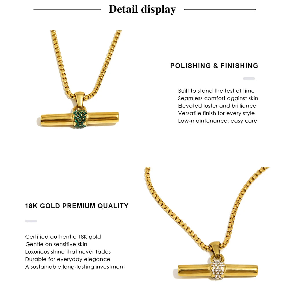 Inner Ziva Bohemian 316L Stainless Steel CZ Pendant T Bar Necklace 18K Gold Plated Waterproof Minimalist Jewelry For Women Men