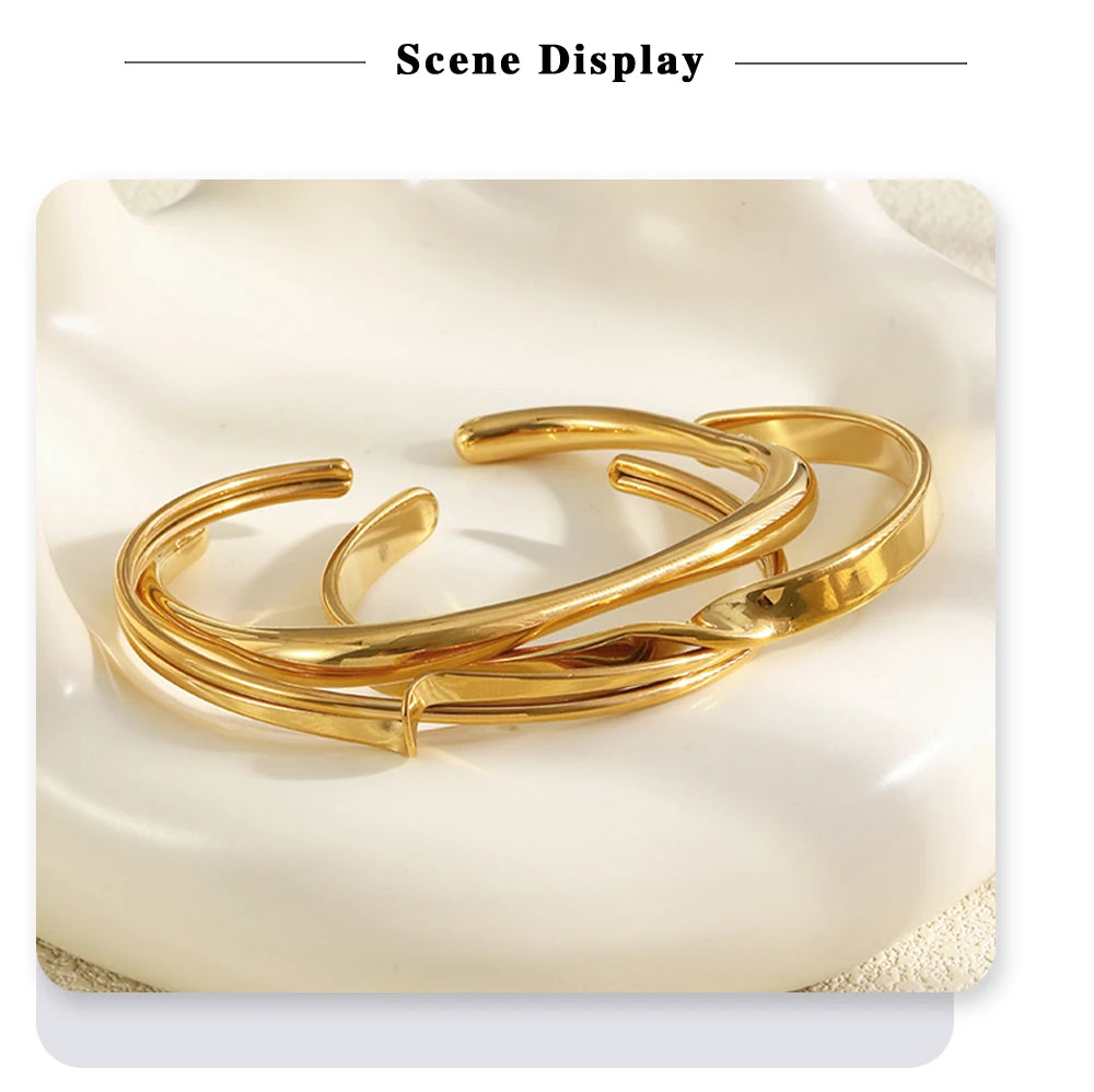 MamacitaSlay 316L Stainless Steel Twisted Wave Fold Thin Wire Cuff Bangle 18K Gold Plated Waterproof Jewelry For Women Bracelet