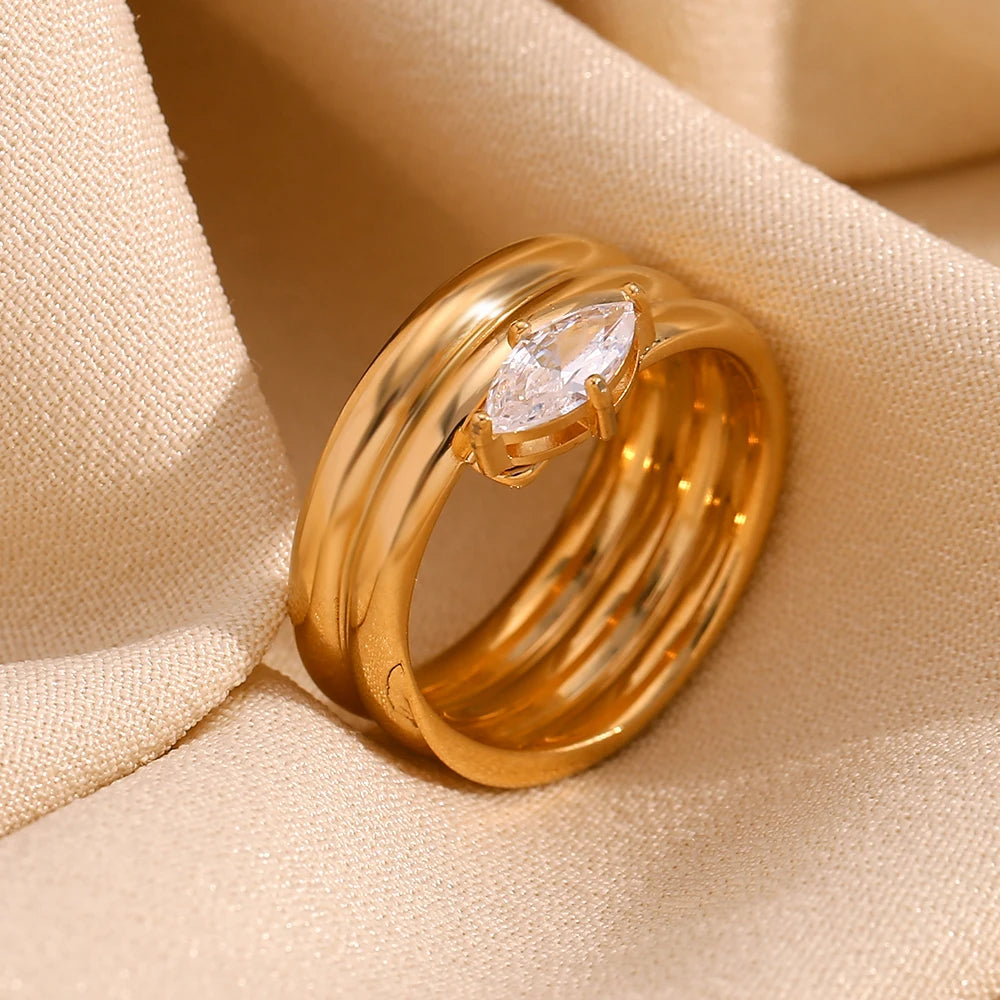 MamacitaSlay Unique 316L Stainless Steel Zircon Multilayer Wide Edge Ring Waterproof 18K Gold Plated Jewelry Women's Charm Ring
