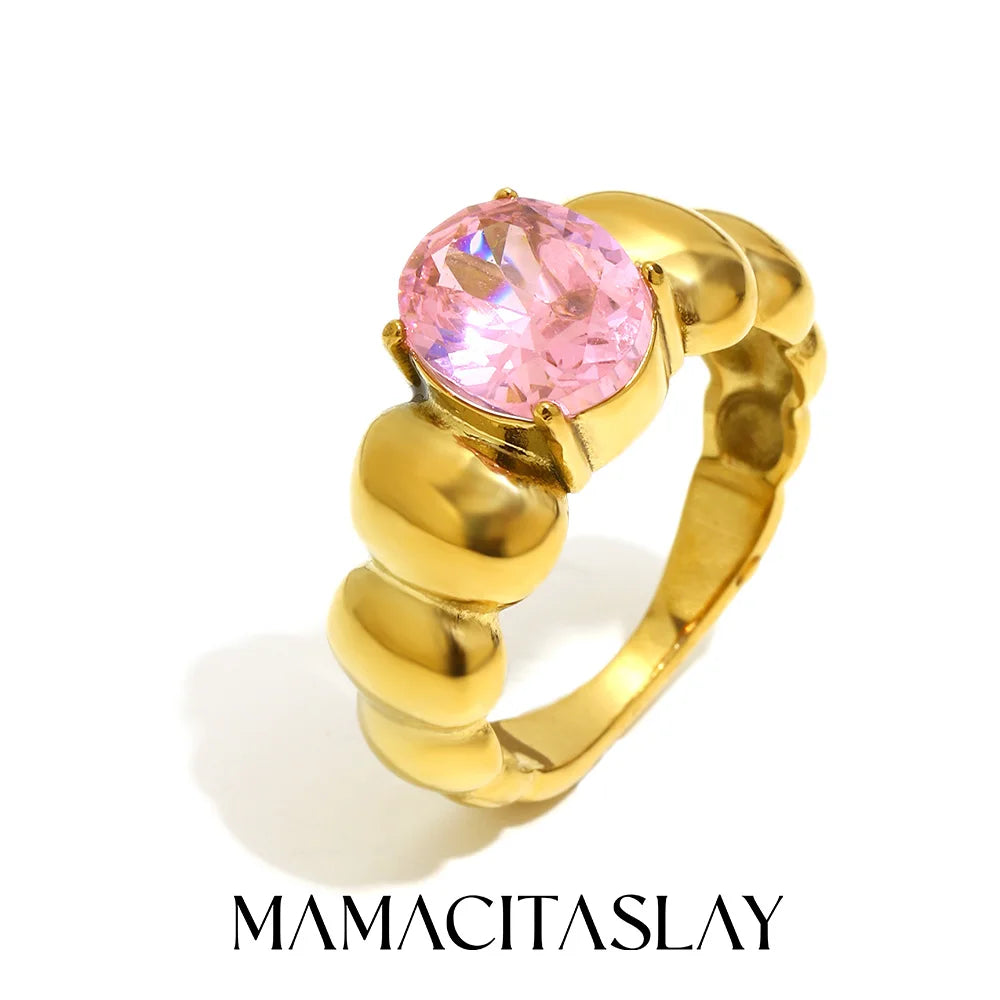 MamacitaSlay Classic 316L Stainless Steel Oval Multicolor Zircon Ring 18K Gold Plated Waterproof Jewelry For Women Everyday Wear