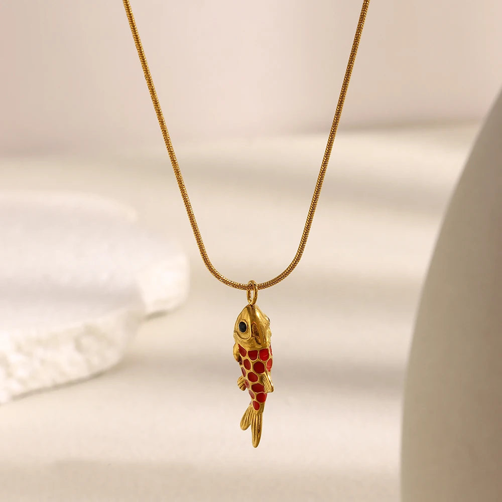 MamacitaSlay 316L Stainless Steel Enamel Koi Fish Pendant Necklace Party Waterproof Neck Jewelry Women's Elegant Necklace Gift