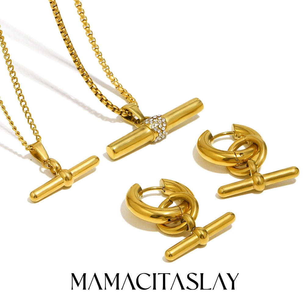 MamacitaSlay 316L Stainless Steel T-Bar Pendant Necklace Earrings Waterproof 18K Gold Plated Jewelry Women's Earrings Necklace