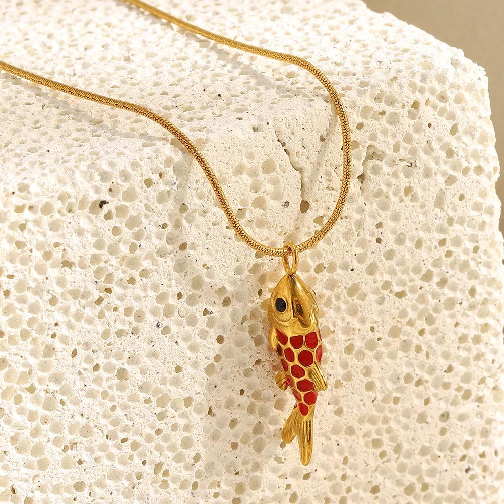 MamacitaSlay 316L Stainless Steel Enamel Koi Fish Pendant Necklace Party Waterproof Neck Jewelry Women's Elegant Necklace Gift