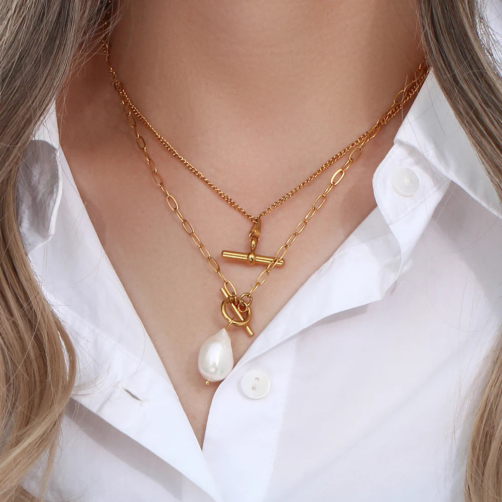 MamacitaSlay Elegant Baroque Freshwater Pearl Pendant Necklace OT Buckle 18K Gold Plated Waterproof Stainless Steel Necklace