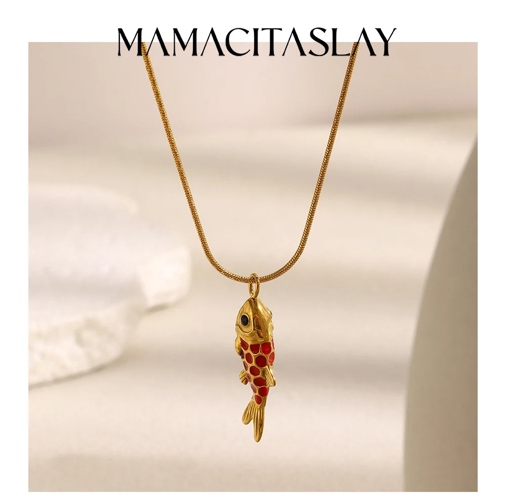 MamacitaSlay 316L Stainless Steel Enamel Koi Fish Pendant Necklace Party Waterproof Neck Jewelry Women's Elegant Necklace Gift