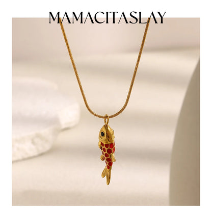 MamacitaSlay 316L Stainless Steel Enamel Koi Fish Pendant Necklace Party Waterproof Neck Jewelry Women's Elegant Necklace Gift