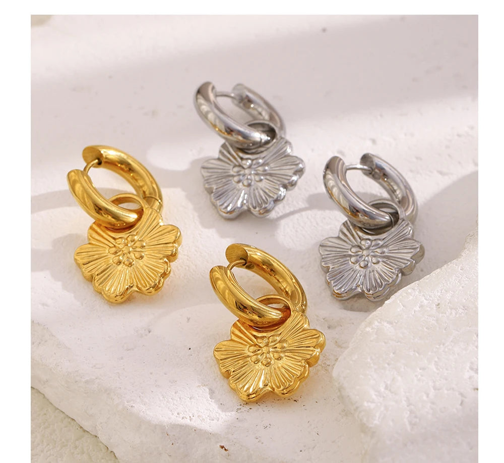 MamacitaSlay 316L Stainless Steel Flower Hoop Earrings 18K Gold Plated Waterproof Jewelry Women's Elegant Statement Earrings
