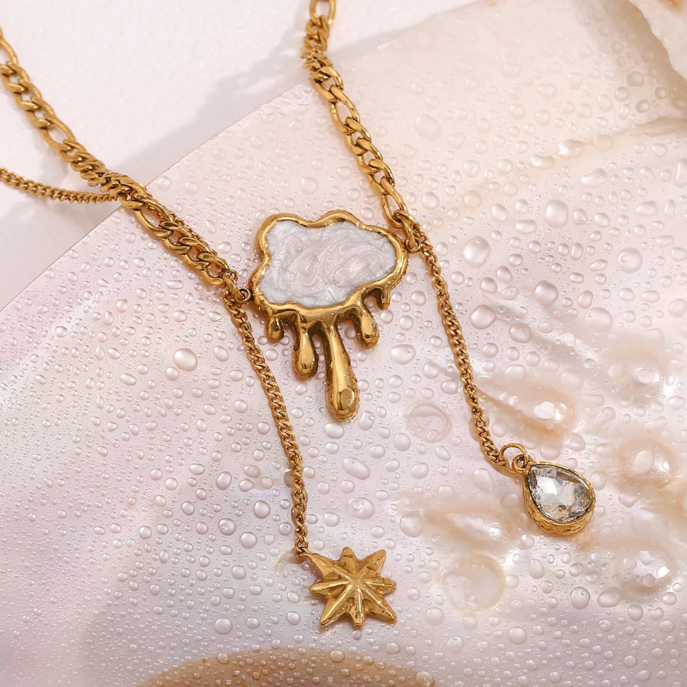 MamacitaSlay Exclusive 18K Gold Plated Stainless Steel Cloud Tassel Star Necklace Waterproof Jewelry Women's Collarbone Chain