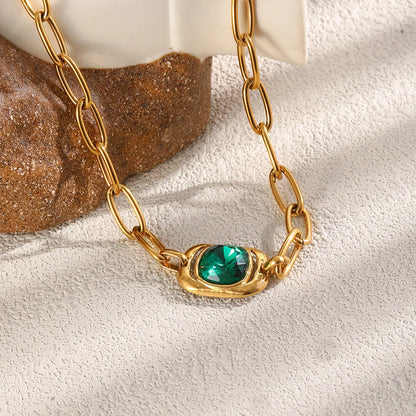 MamacitaSlay 316L Stainless Steel Green Zircon Pendant Necklace 18K Gold Plated Waterproof Vintage Luxury Jewelry Gift For Women