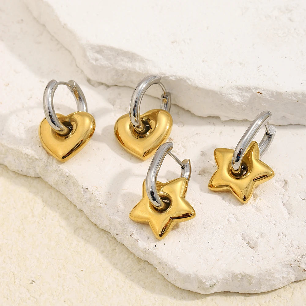 Mamacitaslay Mixed Color Star Heart Charm Hoop Earrings 316L Stainless Steel Waterproof Jewelry For Women Party Everyday Wear