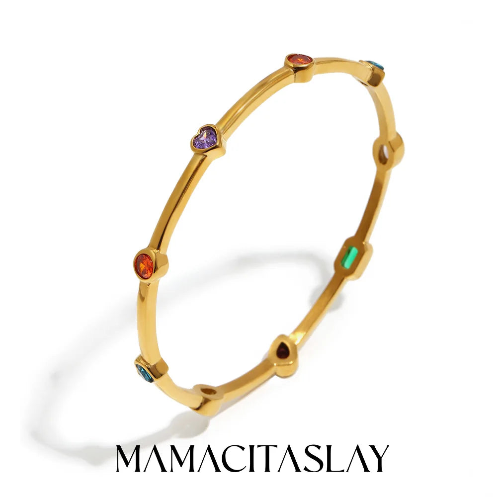 MamacitaSlay 316L Stainless Steel Colorful Zircon Heart Star Bangle 18K Gold Plated Waterproof Stackable Jewelry For Women Gift
