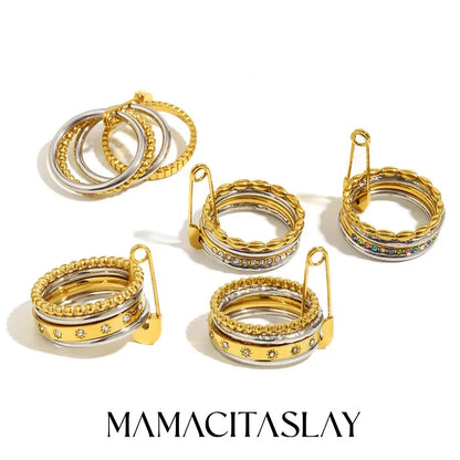 MamacitaSlay 316L Stainless Steel Zircon Mixed Color Multilayer Paperclip Ring Party Waterproof Jewelry Women's Unique Ring Gift