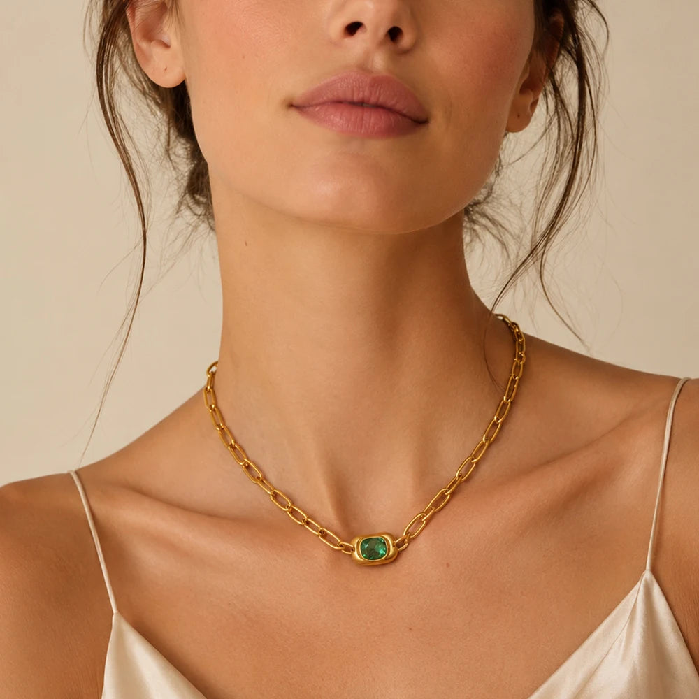 MamacitaSlay 316L Stainless Steel Green Zircon Pendant Necklace 18K Gold Plated Waterproof Vintage Luxury Jewelry Gift For Women