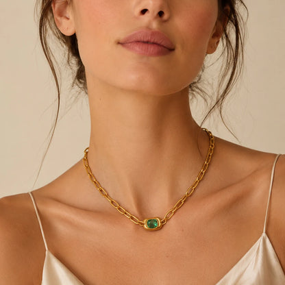 MamacitaSlay 316L Stainless Steel Green Zircon Pendant Necklace 18K Gold Plated Waterproof Vintage Luxury Jewelry Gift For Women