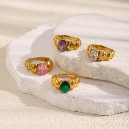 MamacitaSlay Classic 316L Stainless Steel Oval Multicolor Zircon Ring 18K Gold Plated Waterproof Jewelry For Women Everyday Wear