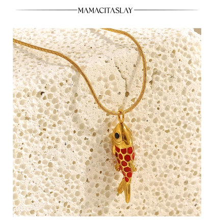 MamacitaSlay 316L Stainless Steel Enamel Koi Fish Pendant Necklace Party Waterproof Neck Jewelry Women's Elegant Necklace Gift