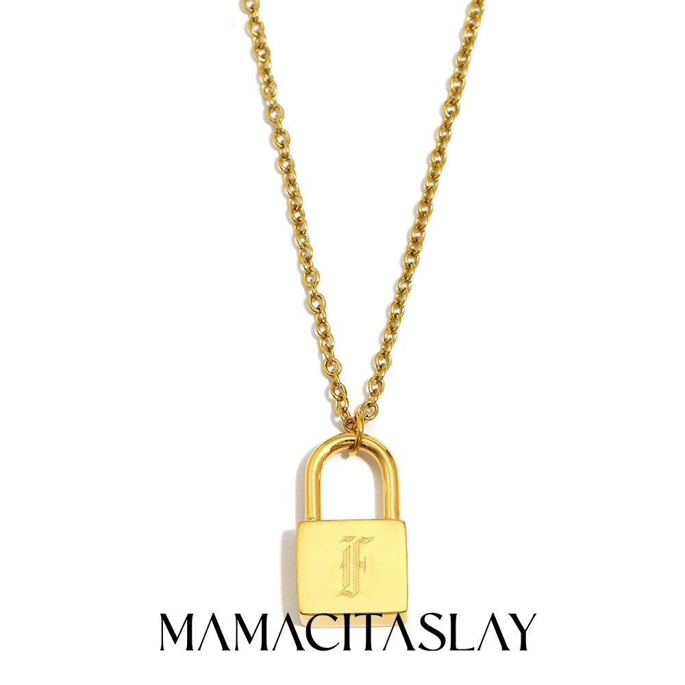 MamacitaSlay 316L Stainless Steel Ancient Letters Engaged Lock Pendant Necklace 18K Gold Plated Waterproof Neck Jewelry Gift