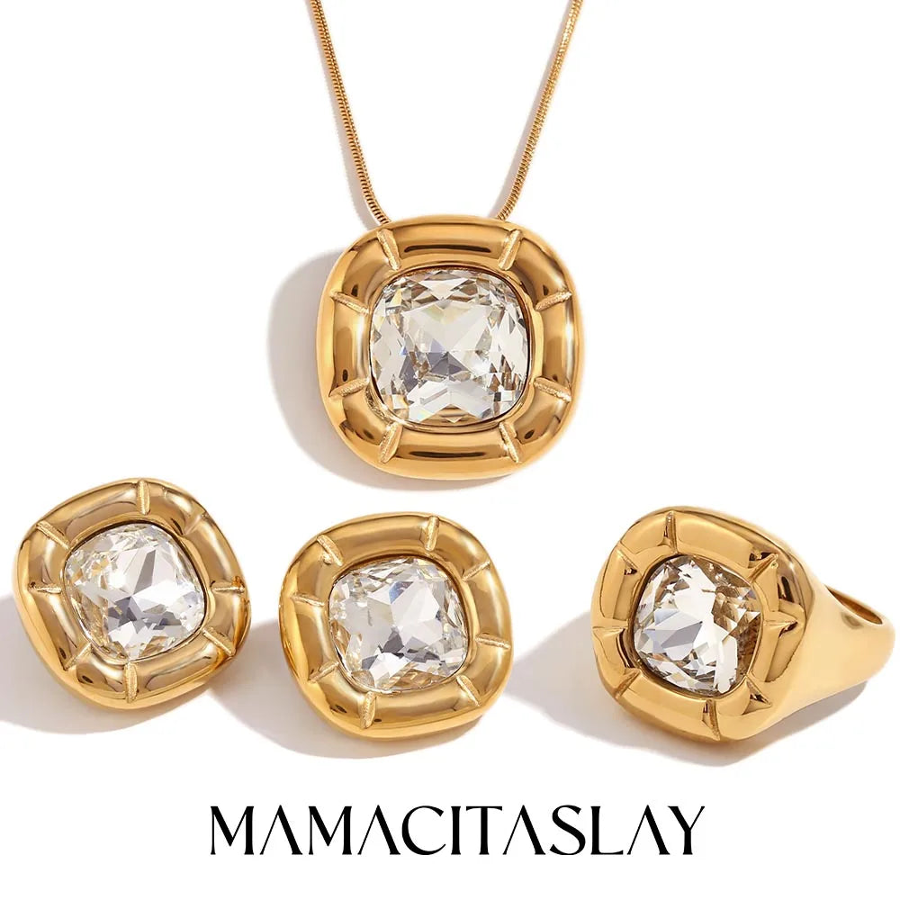 MamacitaSlay 18K Gold Plated Stainless Steel Rounded Square Zircon Necklace Earring Ring Women's Fashionable Waterproof Jewelry