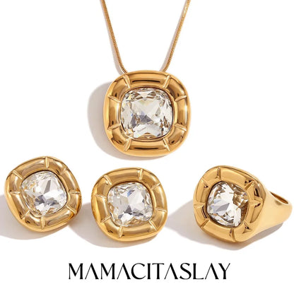 MamacitaSlay 18K Gold Plated Stainless Steel Rounded Square Zircon Necklace Earring Ring Women's Fashionable Waterproof Jewelry