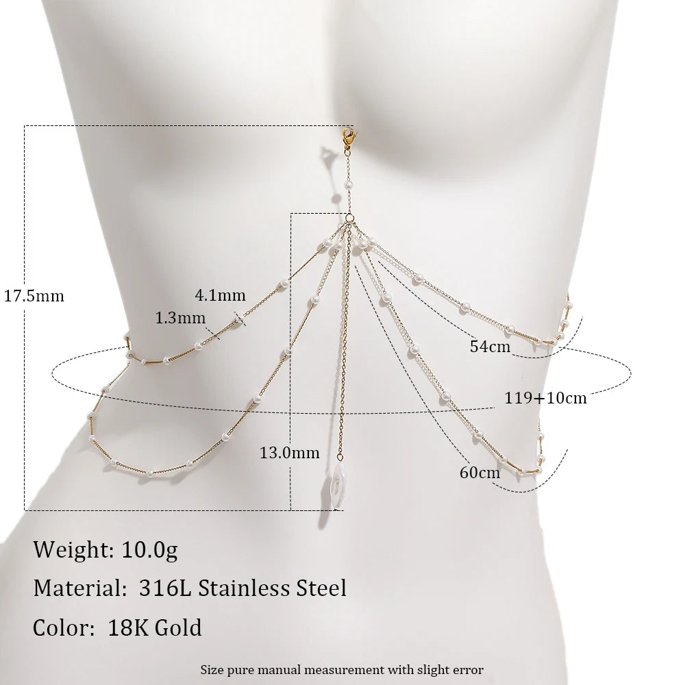 MamacitaSlay 316L Stainless Steel Multilayer Chain Pearl Body Chain 18K Gold Plated Waterproof Jewelry For Bikini Accessories