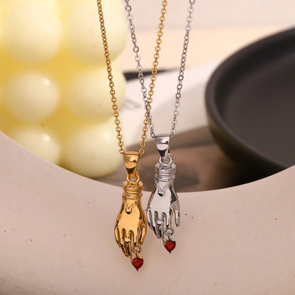 MamacitaSlay 316L Stainless Steel Red Heart Hand Pendant Necklace 18K Gold Plated Waterproof Jewelry For Women Vintage Style