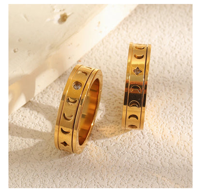 MamacitaSlay 316L Stainless Steel Spinning Moon Star Hollow Out Zircon Ring 18K Gold Plated Waterproof Jewelry For Women Gift