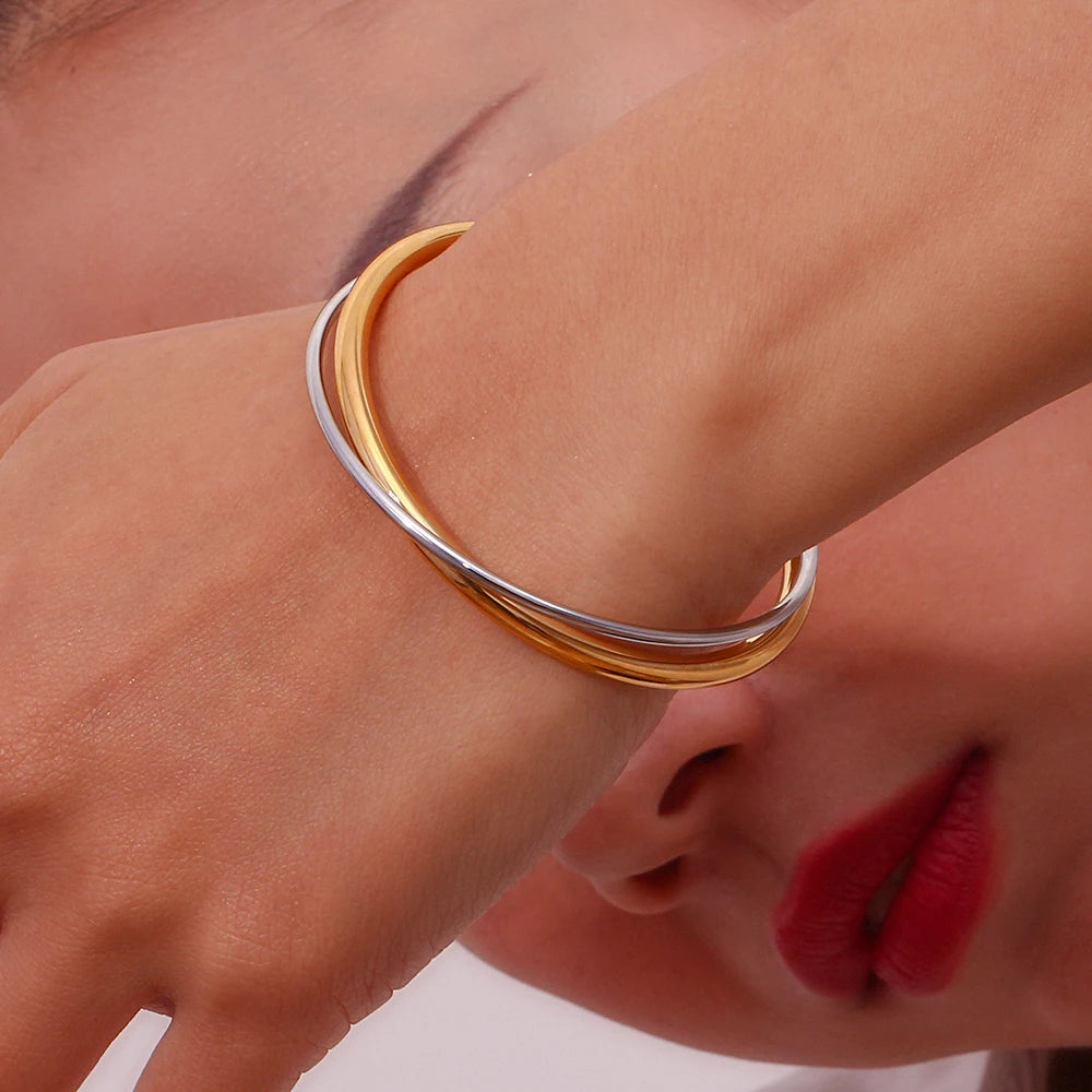 MamacitaSlay Women's Jewelry Double Layer Crossed Opening Bracelet High-end Women's Stainless Steel Gold Plated Bracelet