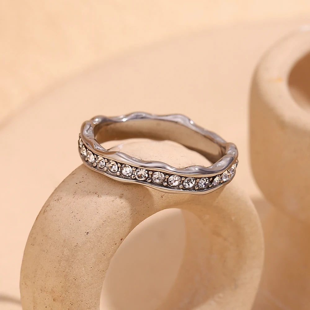 MamacitaSlay Minimalist Irregular Wavy Road Texture Stainless Steel Rings For Women Titanium Female Ring Waterproof Jewlery Gift