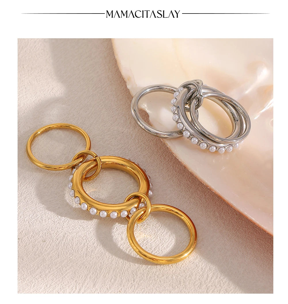 MamacitaSlay Elegant 316L Stainless Steel Pearl Three Layer Ring 18K Gold Plated Waterproof Jewelry Women's Charm Ring Gift 2025
