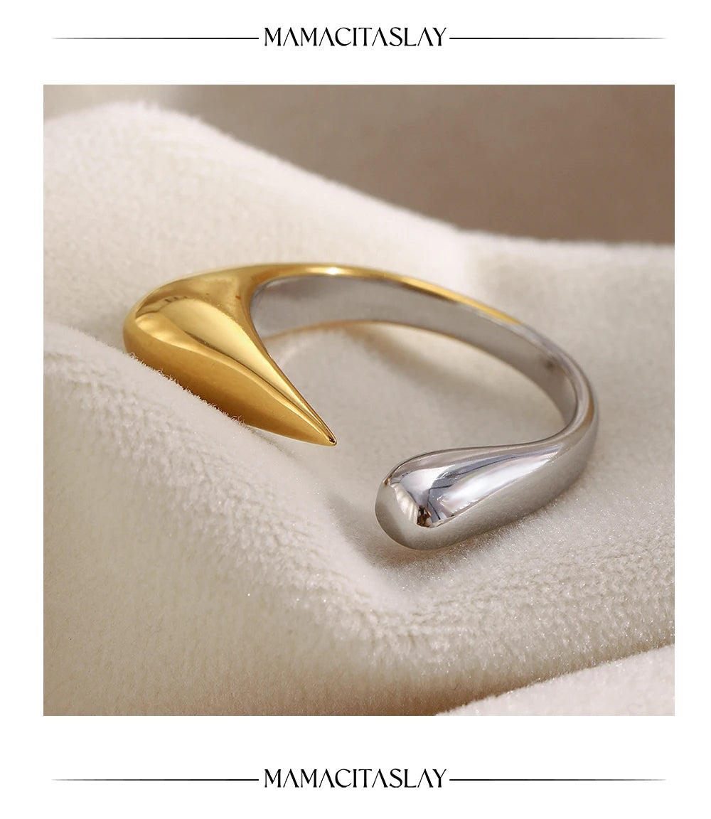 MamacitaSlay Unique Cool 316L Stainless Steel Two Tone Bird Beak Shaped Asymmetrical Open Ring Waterproof Jewelry Women's Ring