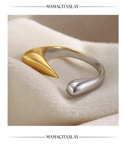 MamacitaSlay Unique Cool 316L Stainless Steel Two Tone Bird Beak Shaped Asymmetrical Open Ring Waterproof Jewelry Women's Ring