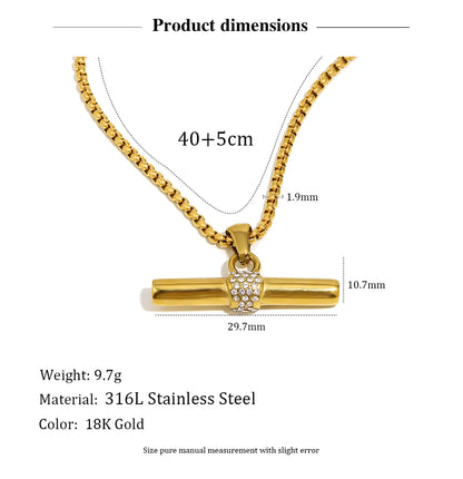 Inner Ziva Bohemian 316L Stainless Steel CZ Pendant T Bar Necklace 18K Gold Plated Waterproof Minimalist Jewelry For Women Men