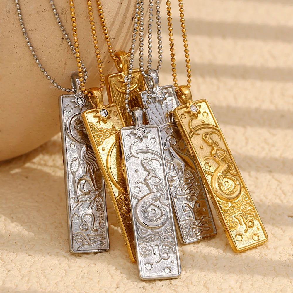 MamacitaSlay 316L Stainless Steel Zodiac Sign Rectangle Pendant Necklace 18K Gold Plated Waterproof Jewelry For Women Daily Wear