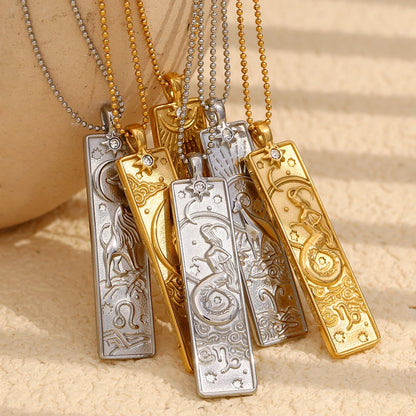 MamacitaSlay 316L Stainless Steel Zodiac Sign Rectangle Pendant Necklace 18K Gold Plated Waterproof Jewelry For Women Daily Wear