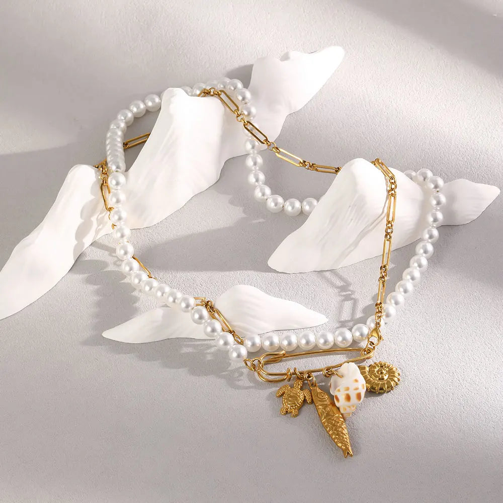MamacitaSlay 316L Stainless Steel Pearl Paperclip Conch Shell Necklace 18K Gold Plated Waterproof Vacation Jewelry For Women