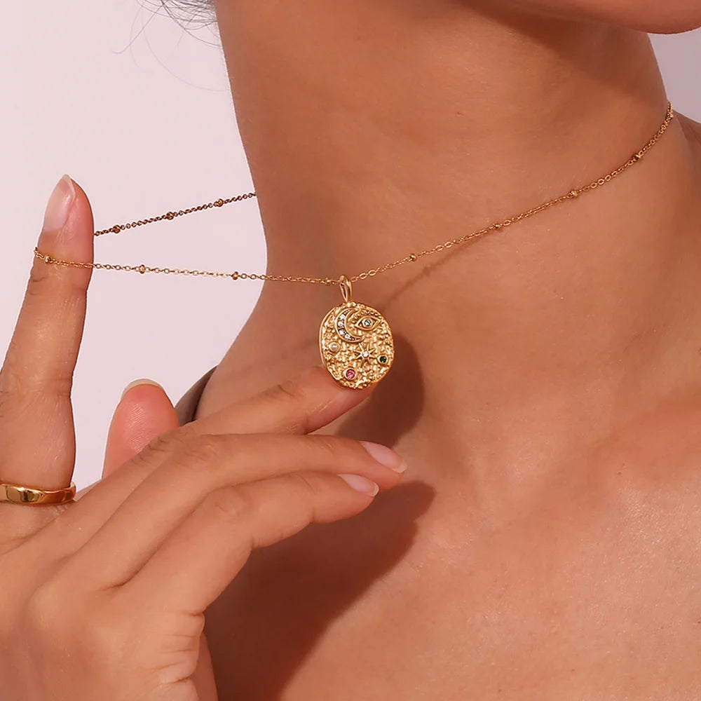 MamacitaSlay Unique 316L Stainless Steel Star Moon Evil Eye Zircon Necklace Ring 18K Gold Plated Waterproof Jewelry For Women
