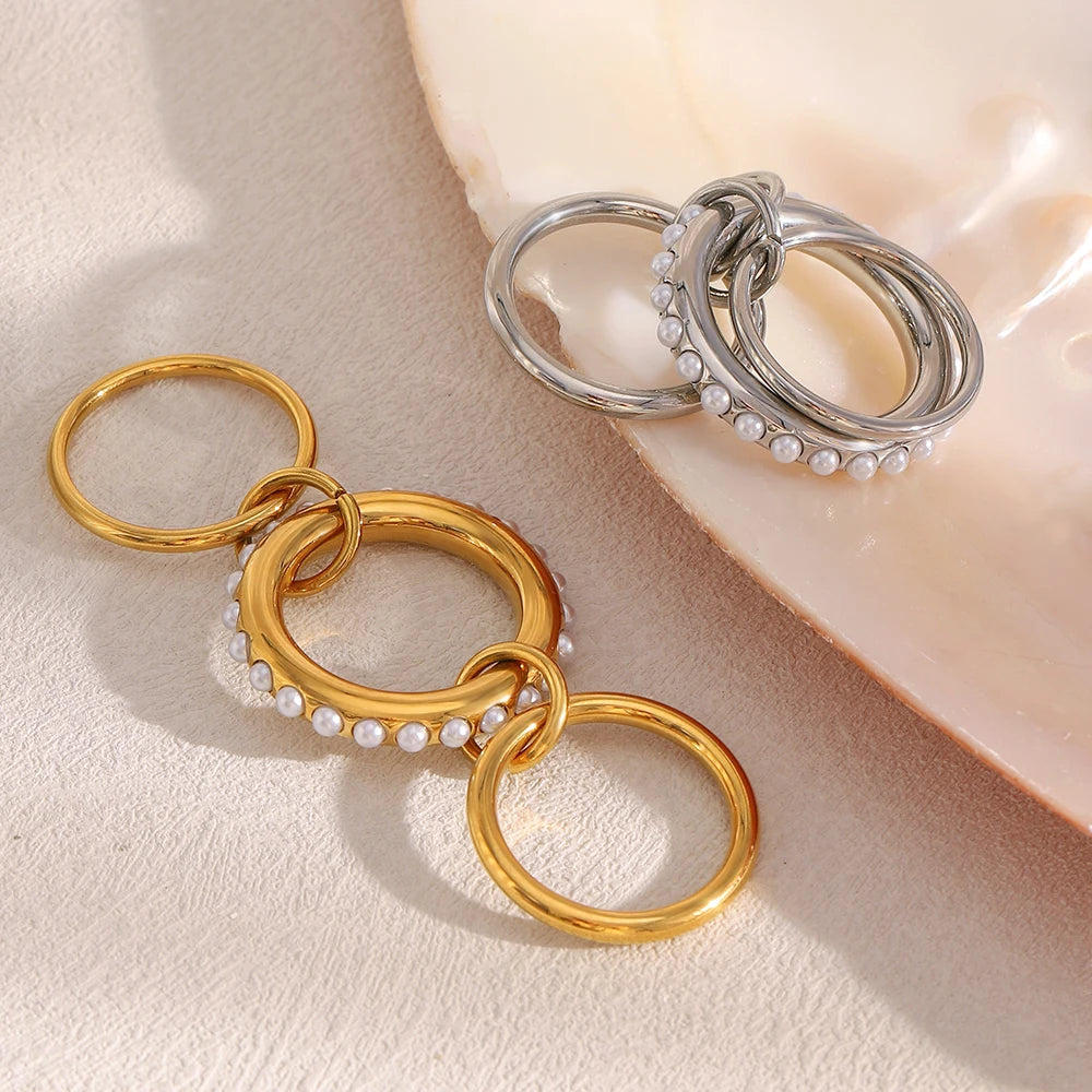 MamacitaSlay Elegant 316L Stainless Steel Pearl Three Layer Ring 18K Gold Plated Waterproof Jewelry Women's Charm Ring Gift 2025
